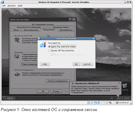 Подпись:
Рисунок 3: Окно гостевой ОС и сохранение сессии
