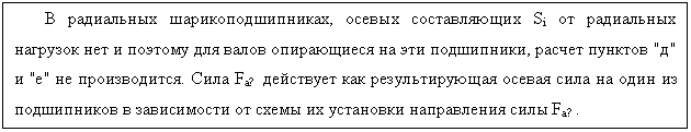 Подпись: В радиальных шарикоподшипниках, осевых составляющих Si от радиальных нагру-зок нет и поэтому для валов опирающиеся на эти подшипники, расчет пунктов "д" и "е" не производится. Сила Fa∑ действует как результирующая осевая сила на один из под-шипников в зависимости от схемы их установки направления силы Fa∑.